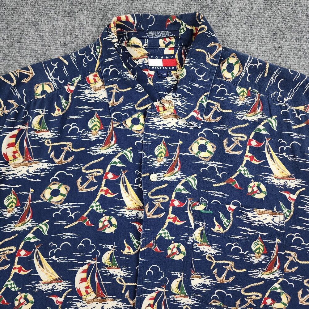 Tommy Hilfiger Shirt Mens Medium Sailing AOP Camp Loop Collar Vintage Nautical - Picture 9 of 13